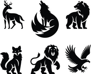 Wild Animal Silhouette Vector Set for Nature Themes. Stylized Wildlife Icons Featuring Deer, Wolf, Lion, and More.