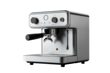 Sleek stainless steel home espresso machine with portafilter and control dials on transparent background