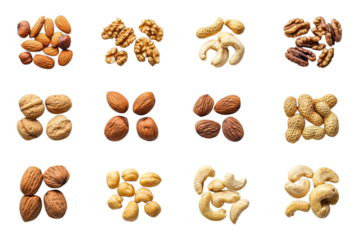 Assortment of twelve different types of healthy shelled and unshelled nuts displayed against a on transparent background