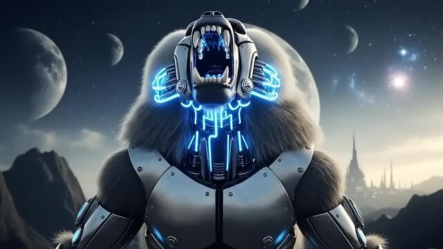 Cybernetic Baboon A Futuristic Primate Warrior in a SciFi Landscape.