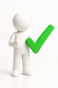 3D White Character Holding Green Check Mark and Thumbs Up, Approval Concept