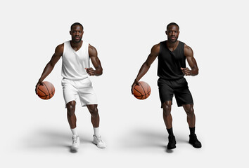Mockup of white, black jersey, shorts, socks, sneakers on a dark-skinned basketball player, dribble, front view, AI generation. Set