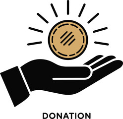 Donation Symbol Vector with Hand and Gold Coin. Charity Contribution Illustration with Radiant Currency Icon.
