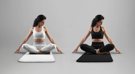 Mockup of white, black floor mat for yoga, sports suit on trainer in asana, front view. Set