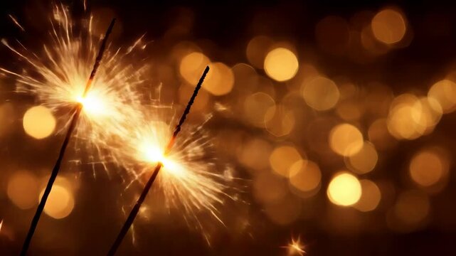 Pair of Golden Sparklers Ignite with Dazzling Bursts Against Defocused Bokeh Background at Low Angle for Festive Celebration Atmosphere in Holiday Setting