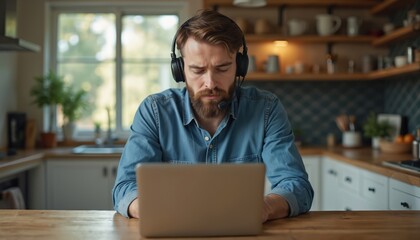 Young bearded man wears headset, looks at laptop screen in home kitchen. Works remotely, studies online, attending virtual meeting. Businessman concentrates on computer. Remote work, online