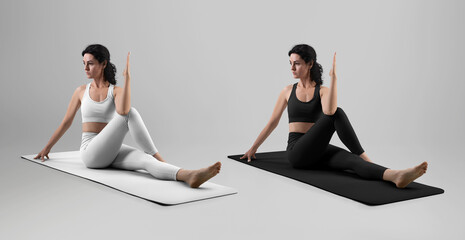 Mockup of white, black floor mat for yoga, leggings, top on a woman in asana, side view. Set