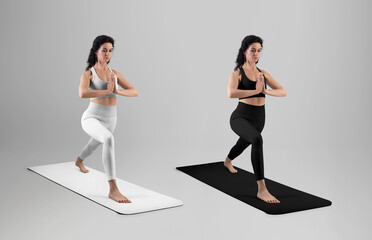 Template of white, black floor mat for yoga, leggings, top on trainer in asana, front view in full height. Set