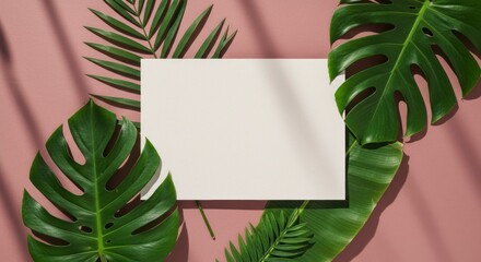 A blank paper surrounded by lush tropical leaves, pink background