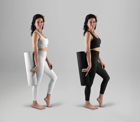 Template of white, black floor mat for yoga, rolled up, leggings, top on woman, side view. Set