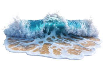 Powerful turquoise ocean wave crashing onto golden sand beach with white sea foam on transparent background