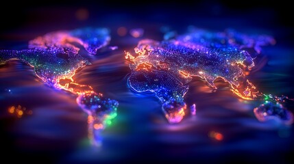 Glowing Neon World Map Visualization Showing Global Digital Connectivity Data Networks and Technology Flow Across Earth Dark Space
