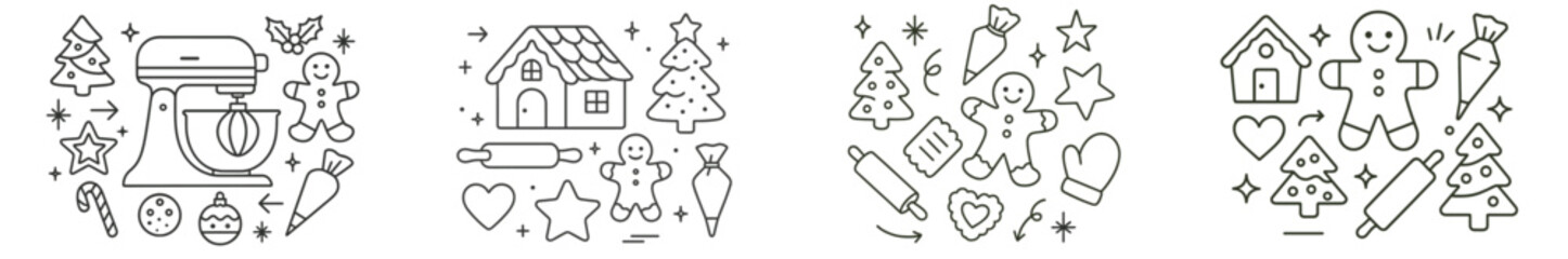 Different icons and symbols related to baking and Christmas celebrations arranged in various groups