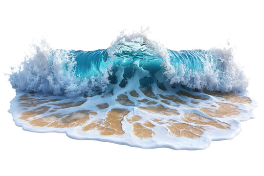 Powerful turquoise ocean wave crashing onto golden sand beach with white sea foam isolated on transparent background