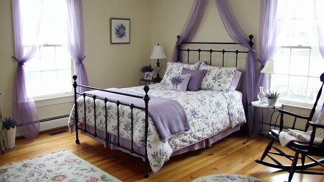 Bright Lavender Bedroom with Elegant Iron Bed, Vanity Table, and Soft Natural Lighting