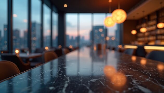 Upscale restaurant interior with dark marble bar counter in focus. Warm lights reflect on polished surface. Blurred city skyline seen through large windows creates elegant evening mood. Modern dining