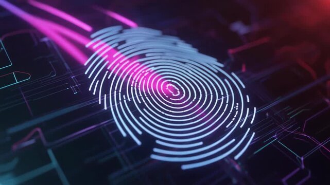 A biometric fingerprint is scanned with a beam revealing neon contours on a circuit board
