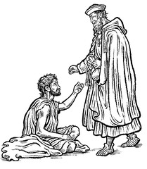 Fototapeta premium Medieval Almoner with Poor Man line illustration