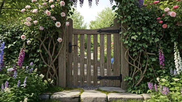 Beautiful garden gate surrounded by vibrant flowers
