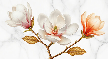 Delicate Watercolor Magnolia Flowers in White and Peach Tones