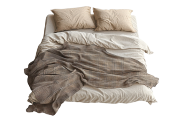 Cozy neutral bedding set featuring linen pillows and a textured plaid throw blanket on transparent background