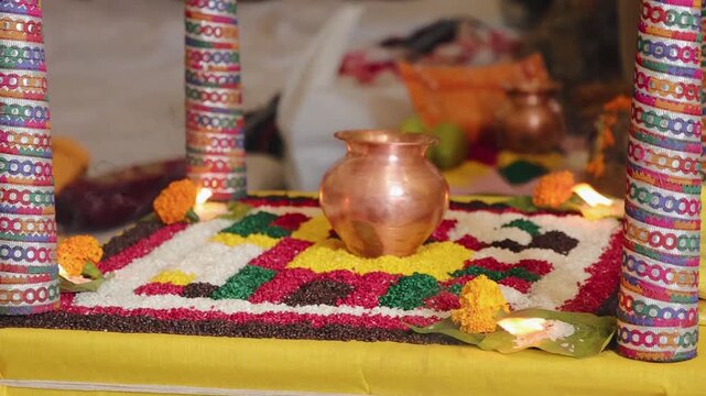 Authentic scene of a traditional Indian marriage vidhi, capturing sacred rituals performed around the holy fire (Agni) under a decorated mandap