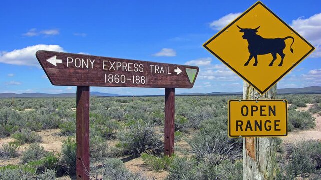 Open range sign and Pony Express route signs on the Oregon trail 