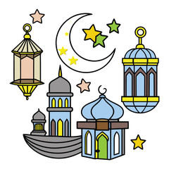 Ramadan Kareem Greeting with Mosque, Crescent Moon, and Lantern Symbols.