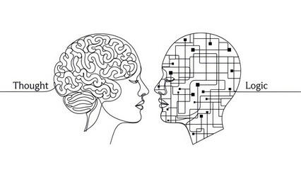 Human versus artificial intellect conceptual illustration, symbolizing thought, logic, and complex
