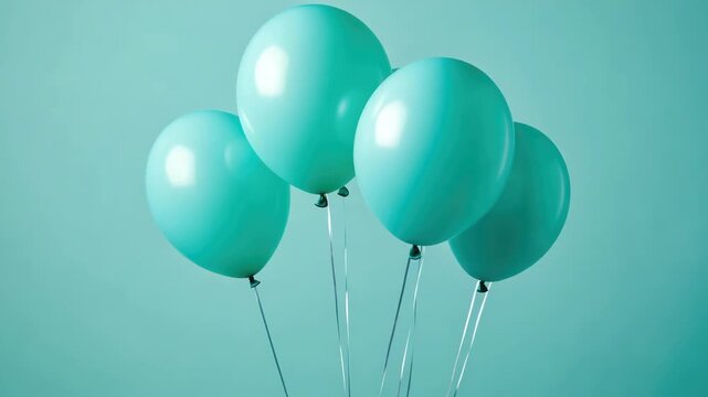A bunch of blue party balloons floating on a light green background. They are inflated and ready for use at celebrations.