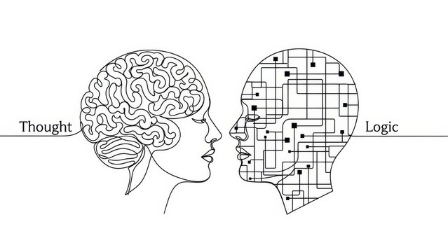 Human versus artificial intellect conceptual illustration, symbolizing thought, logic, and complex - Powered by Adobe