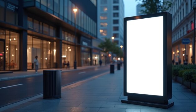 Empty digital billboard mockup stands on city sidewalk at twilight. Modern urban street with lit shops lines road. Building facade glows with light.