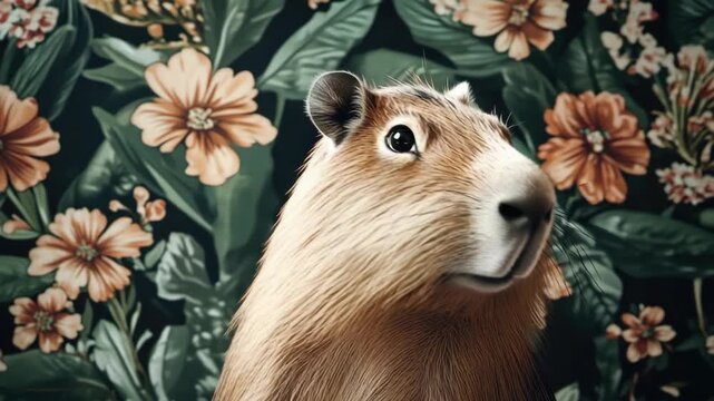 The shows a Guinea Pig with fluffy fur, sharp teeth, and long whiskers. It has round ears and is looking directly at the camera with a charming expression.