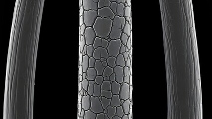 Damaged hair strands with cracked cuticle layers