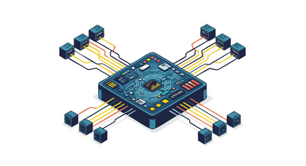 An isometric graphic of a central processing unit connected to multiple data nodes, symbolizing advanced computing, network architecture, and data transfer.