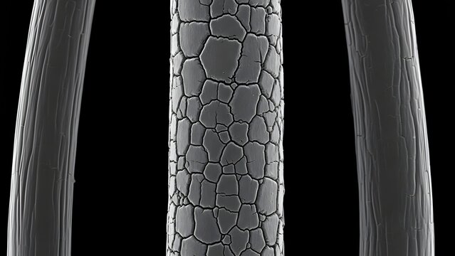 Damaged hair strands with cracked cuticle layers