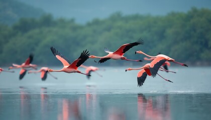 Pink flamingos fly low over calm blue water surface, long legs trail. Large flock of wild birds spreads wings, reflecting on lake. Live in tropical nature, serene wild moment. Graceful fauna takes