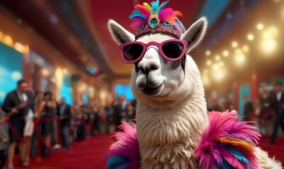 Glamorous Llama Diva on Red Carpet Wearing Sunglasses and Colorful Feather Costume