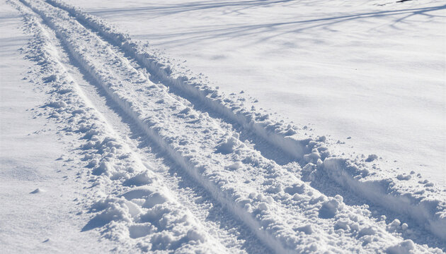 Parallel tracks in fresh snow under bright sunlight, In What Style: Minimalist nature photography with high contrast, In What Colors: Pure white and soft blue shadows against crisp winter light, What 