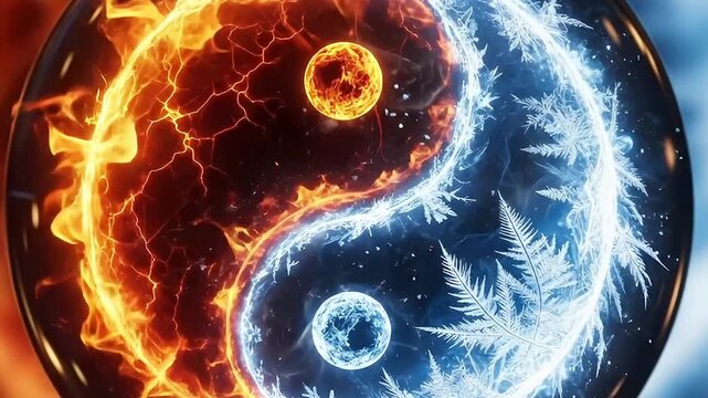 A mesmerizing abstract visual illustrates the captivating interplay of contrasting elements within a dynamic, globular form. One half of the sphere erupts with vivid, crackling orange and red energy, 