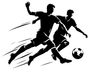  Silhouetted soccer players race toward a ball on a bright white background, conveying speed, competition, and teamwork. Ideal for sports, fitness, and team spirit visuals and athletic