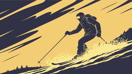 Skier speeding down snow covered mountain slope with ski poles © Zia