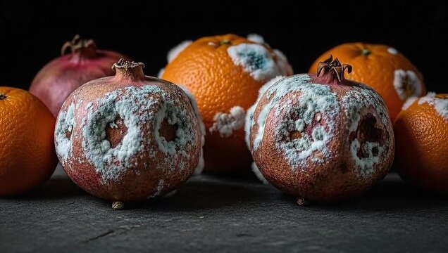 Rotten Oranges and Pomegranates with Mold and Decay on Dark Surface.