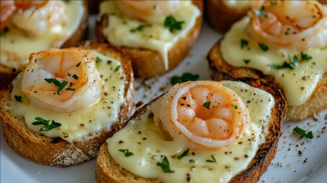 A collection of toasted bread slices topped with melted cheese and cooked shrimp, garnished with herbs.