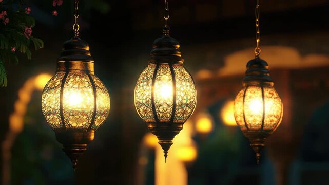 Lamps with intricate patterns and colors, hanging from a ceiling in a decorative setting at night