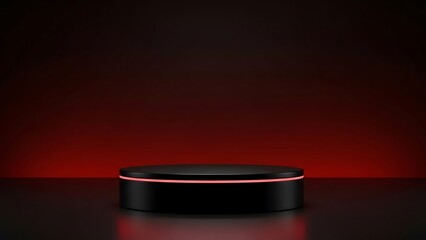 Empty black pedestal with red neon light on a dark background
