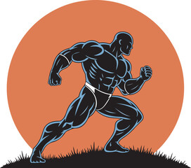 Fototapeta premium Muscular running man against red sun vector illustration.