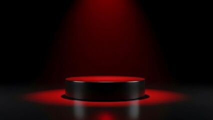 Dramatic spotlight illuminates a sleek black pedestal in a darkened room