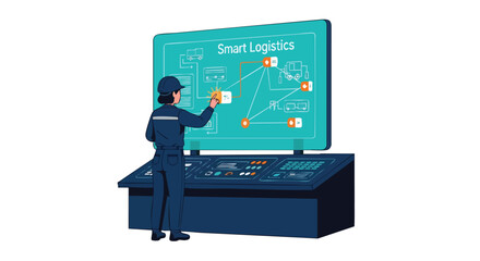 A technician in a blue uniform manages complex smart logistics operations on a large digital control panel, optimizing supply chain efficiency and modern freight management.