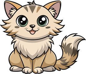 Cute cartoon cat with big green eyes and fluffy tail sitting big eyes